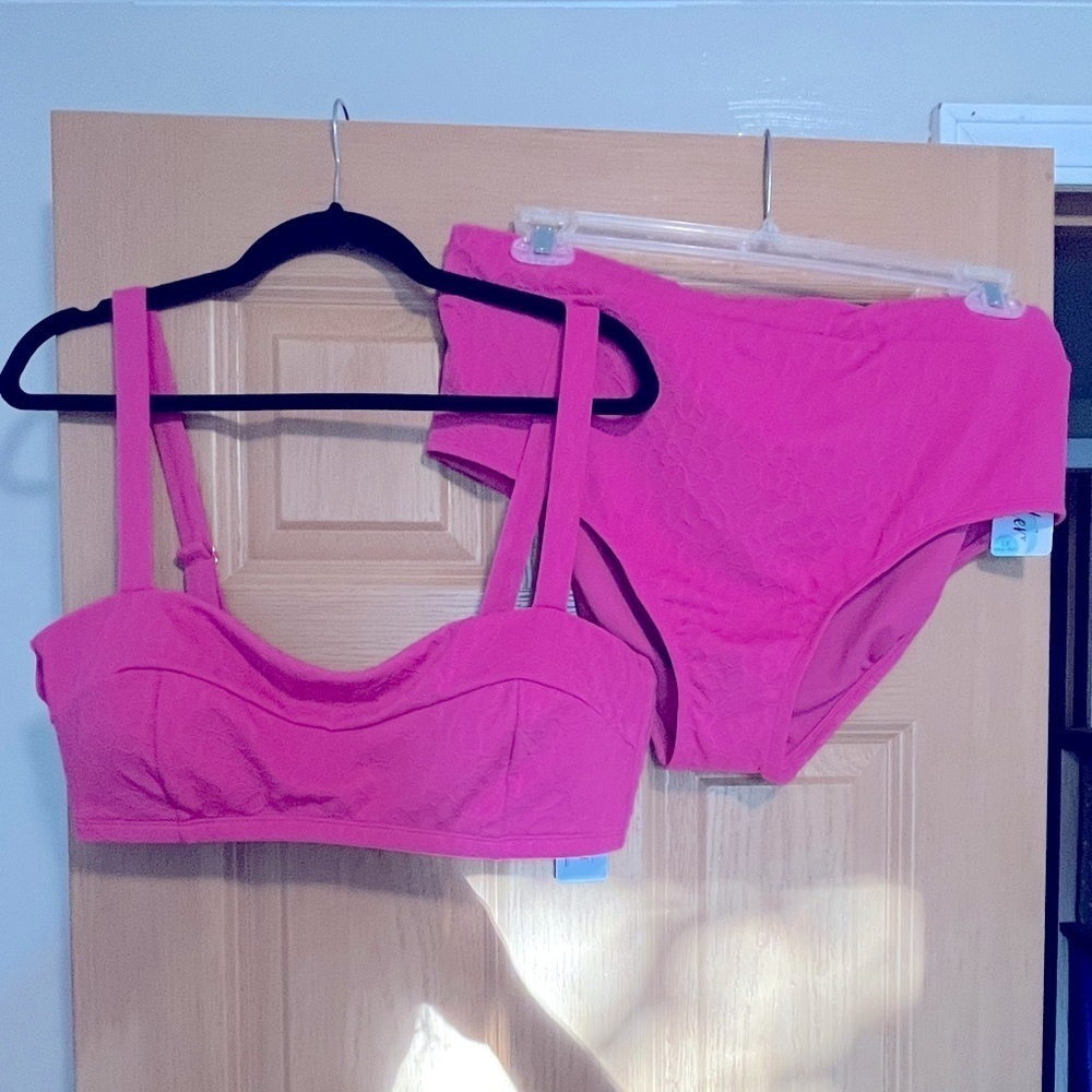 NWT Freshwater Wide-Strap Bandeaukini Swim
Top & Solid High-Waist Swim Bottoms